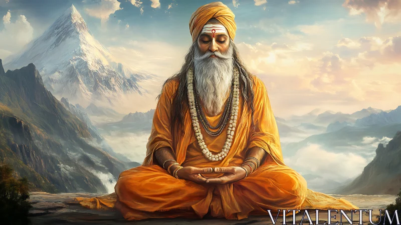 Mountain sage meditates in golden sunrise tranquility.