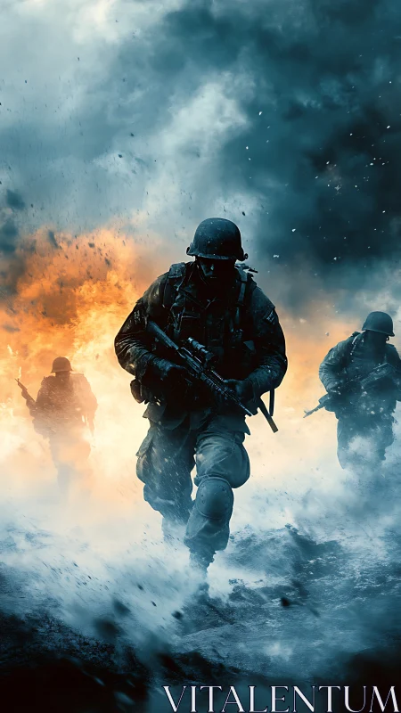 Soldiers advance through battlefield fire and smoke.