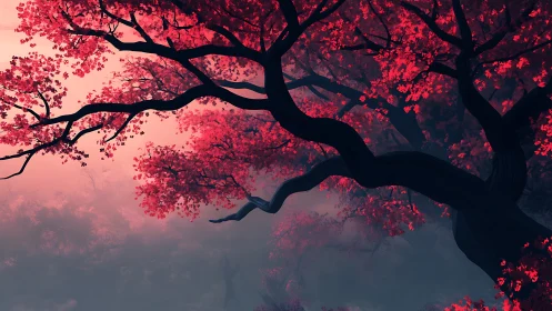 Scarlet canopy branches over misty dreamlike forestscape.