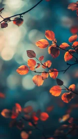 Amber leaves drift through teal twilight bokeh hush.