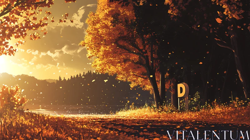 Golden autumn lake path glows under low evening sun