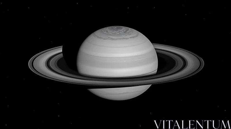 Saturn in monochrome with rings and polar hexagon storm detail