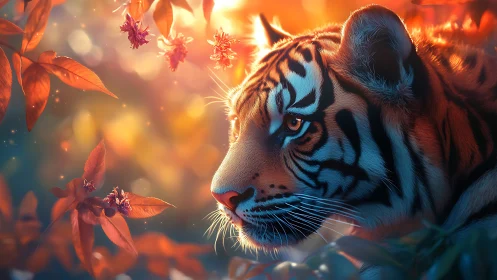 Side-lit Bengal tiger portrait in luminous autumn foliage glow