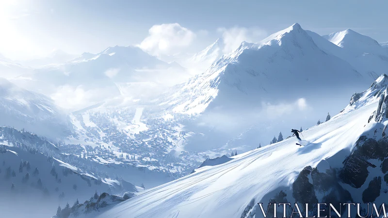 Lone skier racing sunlit powder above a dreamlike alpine town.