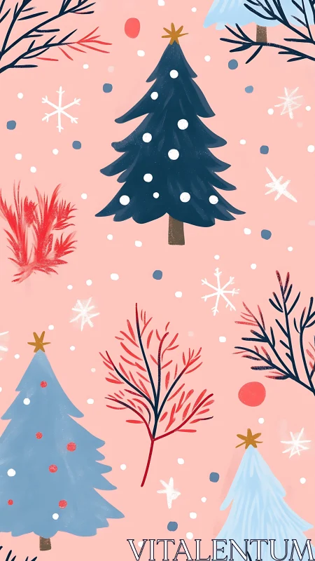 Stylized conifer trees and branches on pink winter background.