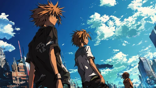 Skyward drifters crossing a neon-tinged, crumbling cityscape.