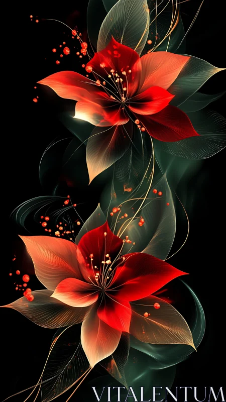Luminous red floral abstraction with ethereal translucent leaves.