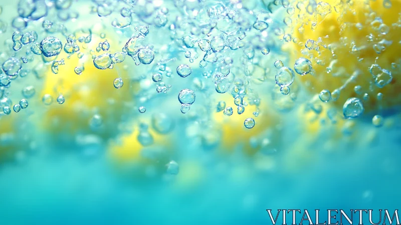 Macro water bubbles over soft yellow abstract background.