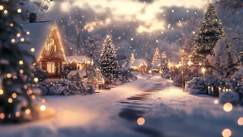 Snowy village street glows with warm festive lights at dusk.