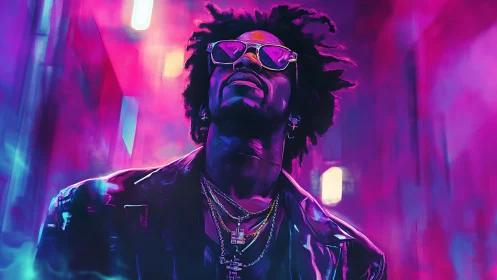 Neon drenched style icon walks through a glowing city night