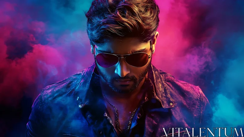 Man in sunglasses under colored neon smoke lighting backdrop.