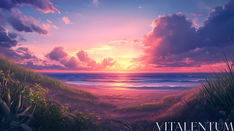 Sunset shoreline rendered with high-saturation atmospheric lighting