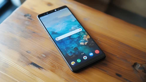 Android smartphone with curved display and dock icons on natural wooden surface