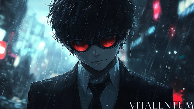 Neo-noir anime figure in rain with red reflective glasses