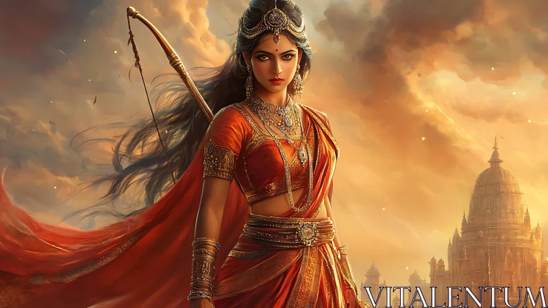 Warrior queen in saffron armor amid luminous temple storm.