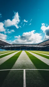 Sunlit football stadium field under expansive blue sky.