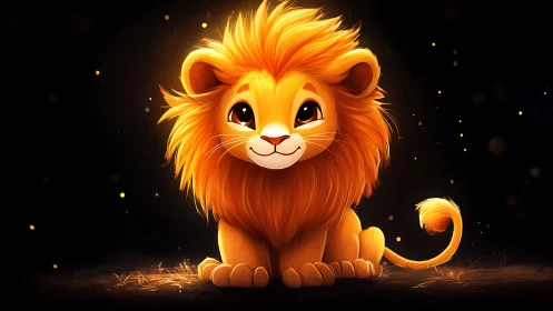 Glow-lit baby lion with fluffy mane in magical night scene.