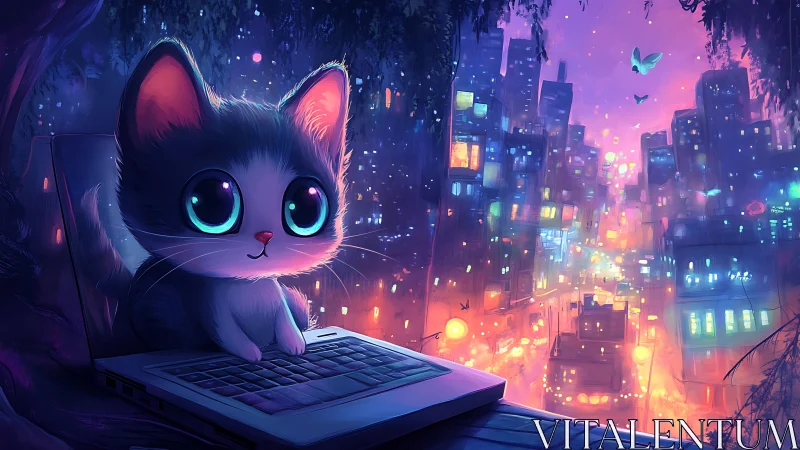Curious neon-eyed kitten exploring a dreamlike cityscape.
