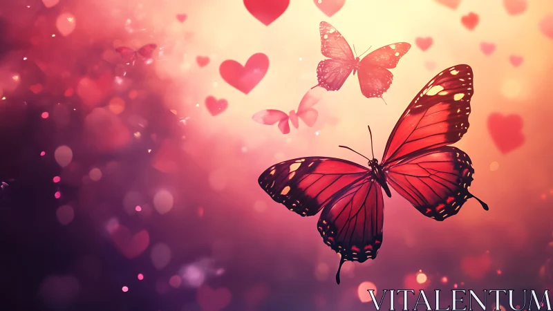 Scarlet butterflies drifting through a dream of blushing hearts.