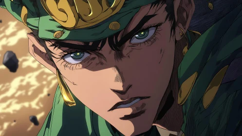 Intense green-clad anime warrior stares forward in focus