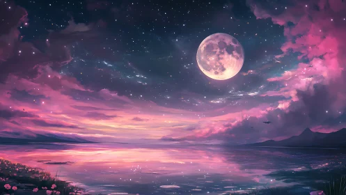 Moonlit lavender sky over shimmering dreamlike shoreline.