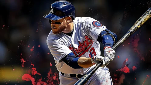 Power hitter swings bat through erupting red paint streaks.