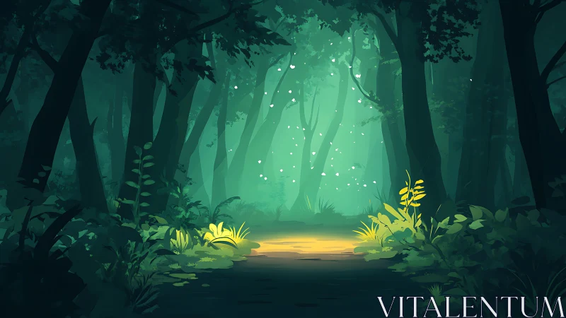 Enchanted Forest Clearing. Golden Light Through Green Mist