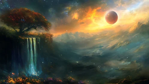 Radiant alien horizon with chromatic waterfall and distant planet