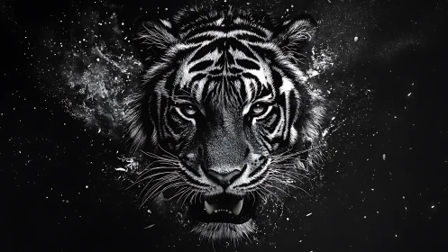 Monochrome tiger portrait with dynamic splatter dispersion effect.