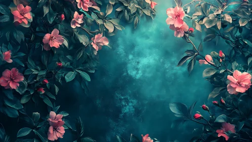 Pink Blooms Frame a Serene Turquoise Dream.