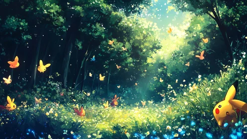 Pikachu wanders glowing forest meadow under swirling butterflies.