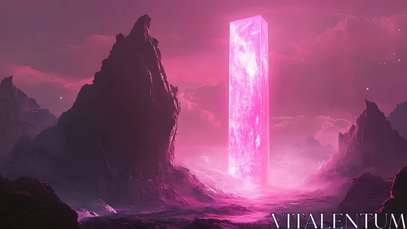Luminous pink monolith rises over alien mountain valley.