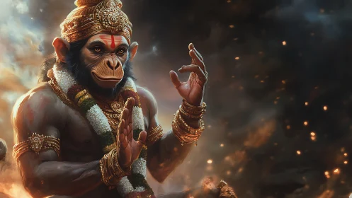 Divine humanoid monkey warrior raises blessing hands in fire