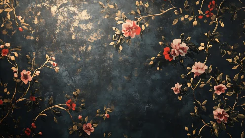 Floral vines drifting softly across a weathered blue sky.