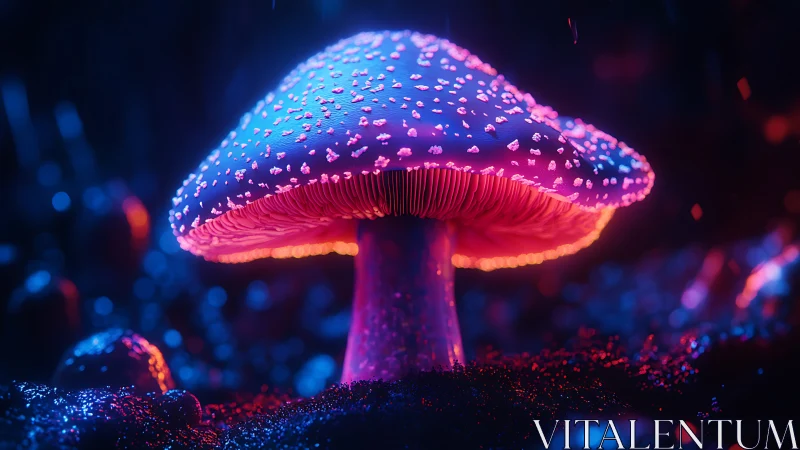 Neon bioluminescent mushroom macro in dark bokeh forest