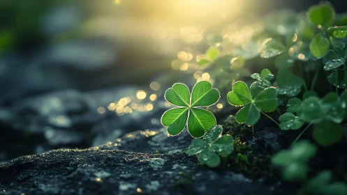 Four leaf clover on wet stone in low sunlight field.