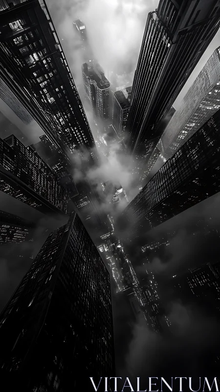 Monochrome vertical cityscape engulfed in drifting fog.