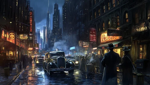 Rainy noir city street alive with neon, taxis, and mystery.