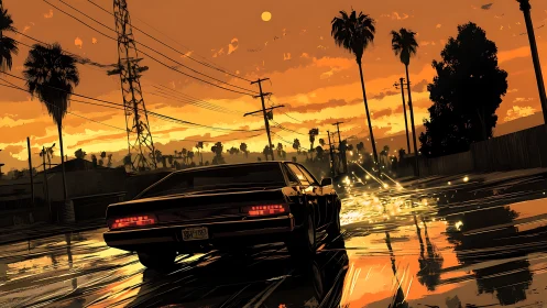 Sunset muscle car drifting through neon-lit wet streets.