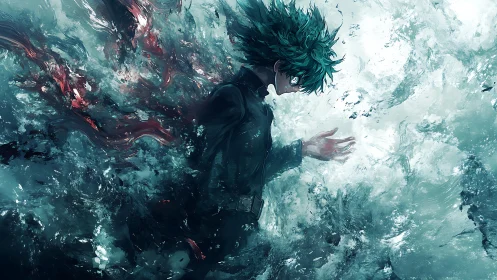 Determined green haired hero stepping through swirling storm.