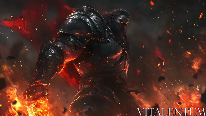 Dark armored fire warrior stands amid blazing inferno.