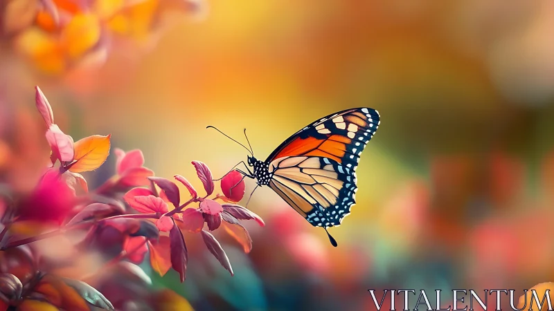 Monarch butterfly in shallow depth of field over vivid foliage