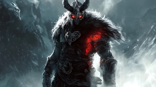 Runic horned warrior in glacial storm, emissive red energy armor