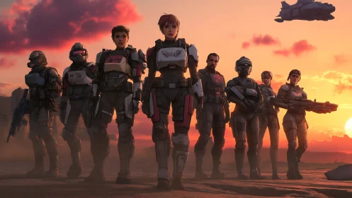 Sunset vanguard of armored space marines strides toward war.