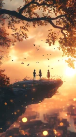 Three silhouetted figures on cliff at warm sunset horizon.