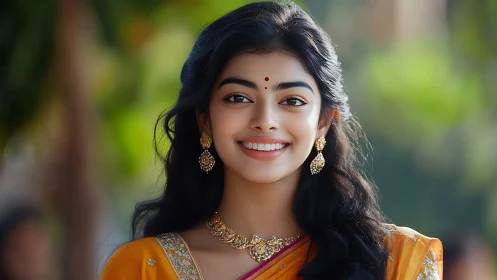 Portrait shows young woman in saree with jewelry outdoors