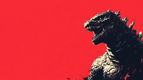 Roaring kaiju silhouette against stark red minimal backdrop.