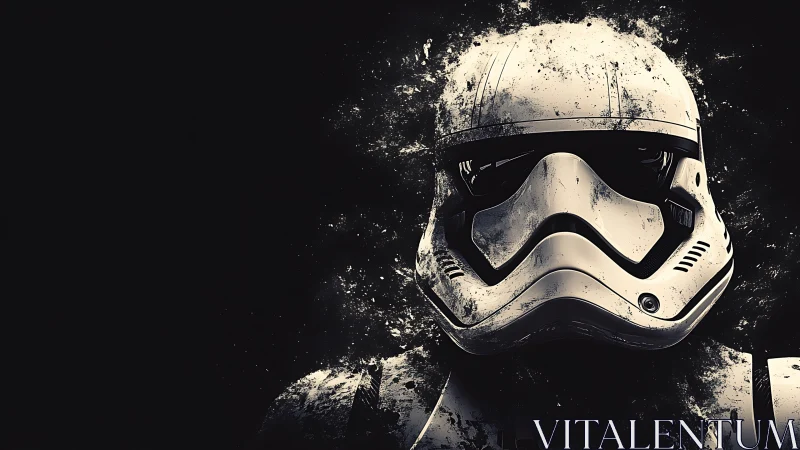 Armored sci‑fi helmet rendered with grunge particle dispersion