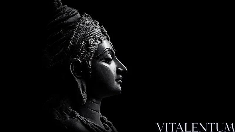 Side-lit stone deity profile rendered in high-contrast chiaroscuro