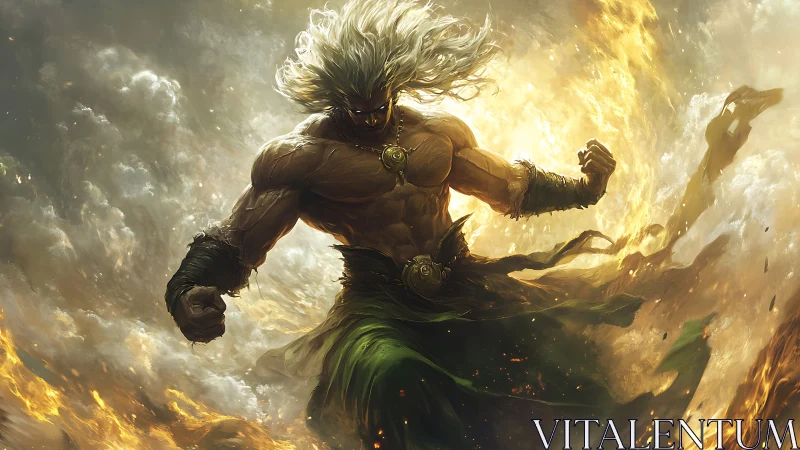 Storm-wreathed warrior erupts from swirling elemental fire.